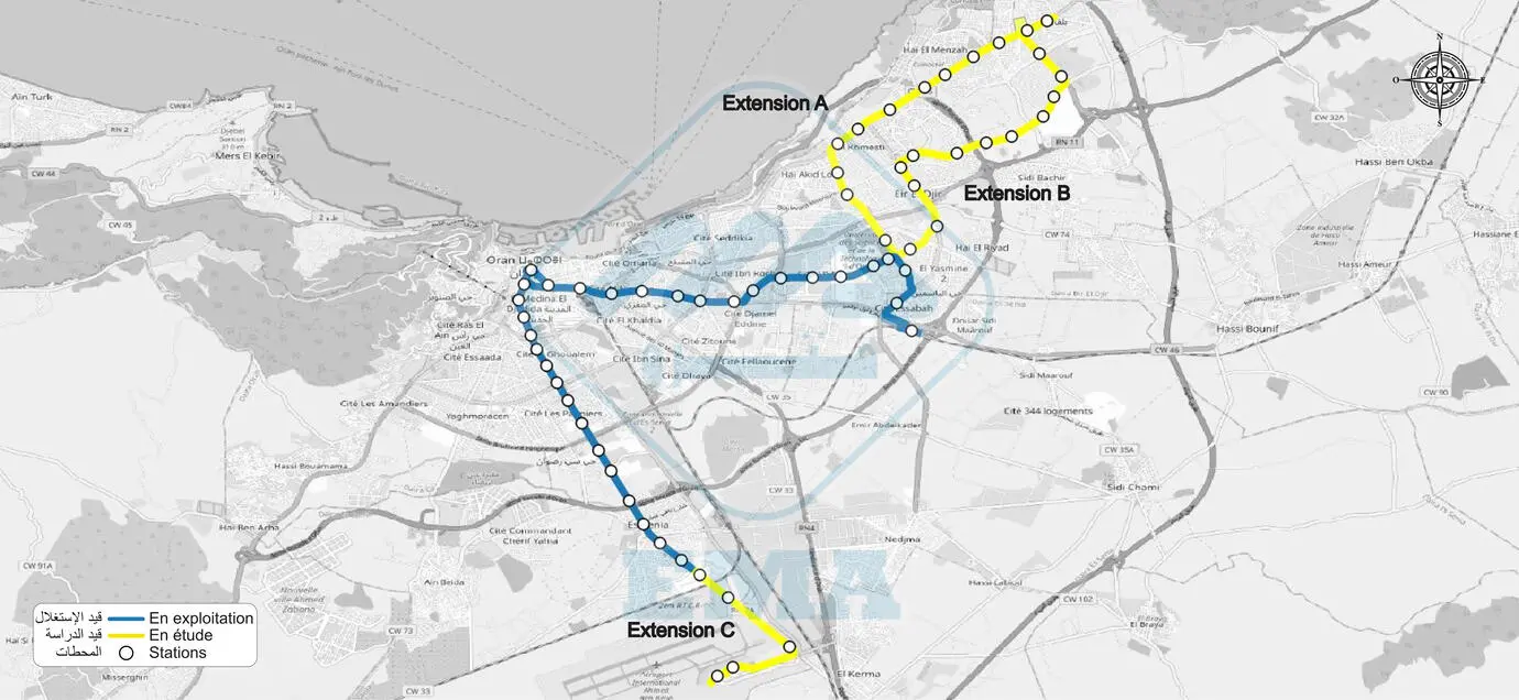 Projet de réalisation des extensions de la première ligne du tramway d'Oran reliant USTO à Bir El Djir et Senia à l'Aéroport international Ahmed Ben Bella